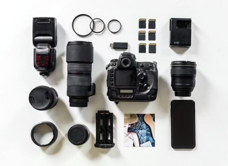 camera body lenses flat lay photography gear