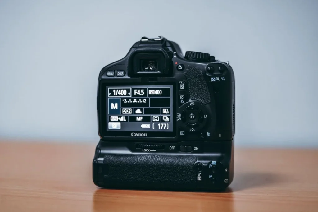 Back of a camera showing settings on the LCD screen